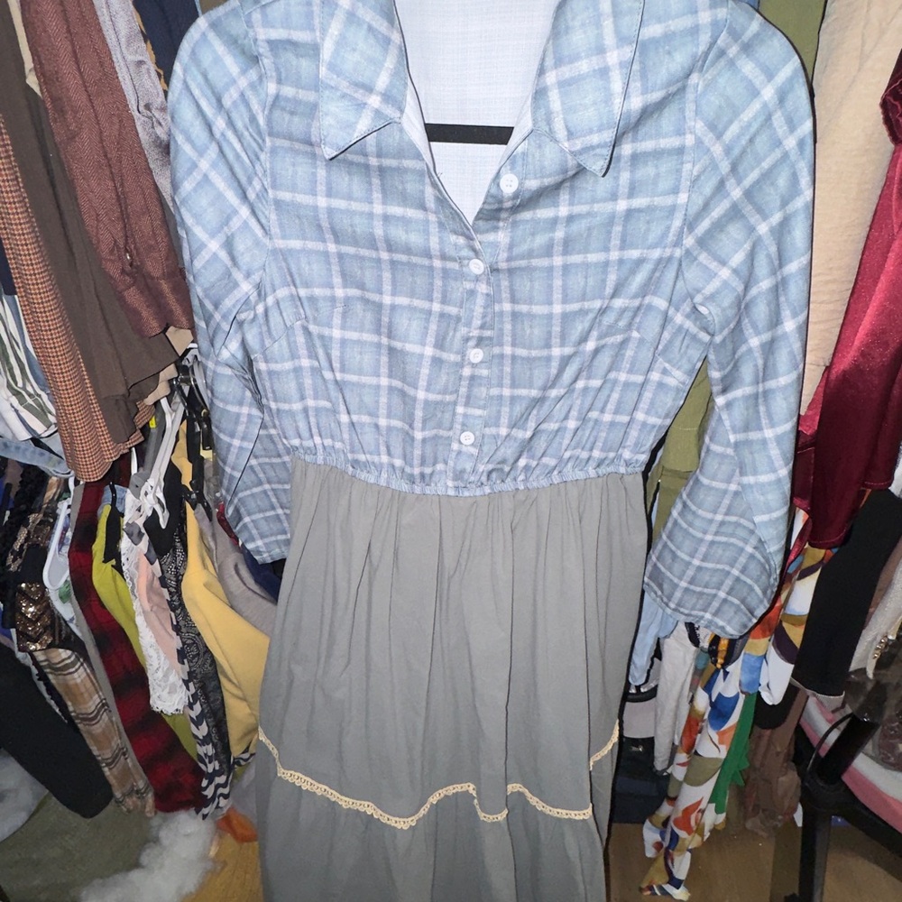 Elegant Blue and Gray Plaid Long Sleeve Dress
